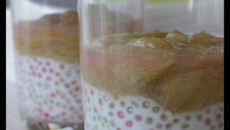 Verrine perles de coco sous un lit de rhubarbe