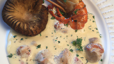 Cappuccino de langoustines et pieds de veau au fumet de cèpes