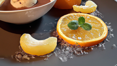 Soupe de clémentine, sa gelée d'orange mentholée et son sorbet cacao