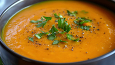 Potage pomme de terre, patate douce, curry