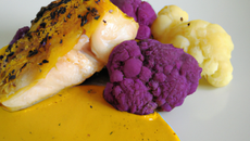 Filet de lotte laqué à la moutarde Amora et à l'orange, écrasée de chou fleur orange curcuma