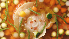 Consommé de crevettes, ravioles et billes de légumes