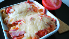 Gratin de pâtes au jambon de Bayonne ,tomates confites et mascarpone