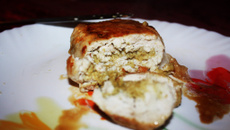 Crépine de poulet, purée de choux Bruxelles