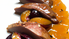 Magret de canard au miel et pêches caramélisées