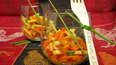 Verrine carottes-pommes, vinaigrette au miel et au curry