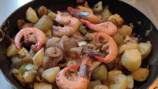 Dos de sébaste, crevettes grises, dés de pomme de terre, petits oignons primeurs