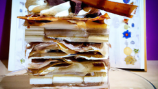 Mille-feuilles crème spéculoos/mousse de poire et son glaçage au chocolat blanc