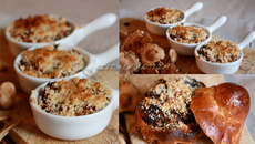 Compotée de lapin aux mousserons gratinée aux noisettes en coque de brioche perdue