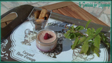 Crème dessert à la nectarine et aux éclats de framboise sur son coulis