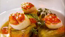 Saint-Jacques poêlées, fleurs de courgettes farcies en marinière de noix de pétoncles