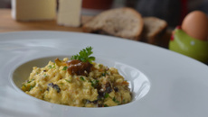 Œufs brouillés au Chaource et poêlée de chanterelles