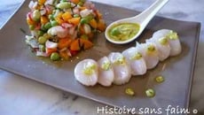 Tartare de légumes croquants et carpaccio de St-Jacques au pesto de légumes