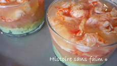 Verrine avocat, pamplemousse et écrevisses et gelée d'agrumes