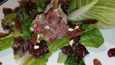 Sur une feuille d'endive, salade de noix et raisins muscat au stilton,  magret de canard séché
