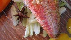 Filets de rougets, choucroute de fenouil à la badiane, carottes aux éclats de fève de Tonka