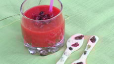 Petites cuillères au chocolat blanc-cranberries, noisettes, raisins et smoothie fraises-cranberries