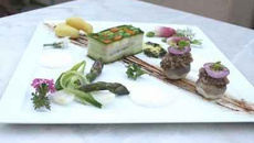 Lingot de queue de bœuf confite en mosaïque de légumes, navets aux pieds de veau caramélisés, légumes croquants en écume de raifort, huile persil et ail des ours