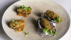 Huitres panées à la chapelure de noisettes, confit de tomates au piment d’espelette