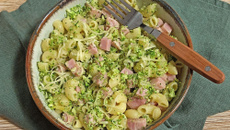 Risotto de coquillettes au jambon et fromage, semoule de brocoli
