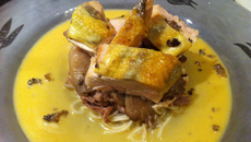 Pintade contisée au beurre de morilles, nouilles soba et pleurottes