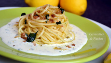 Spaghettis infusés aux écorces de citron et basilic, sauce crémeuse