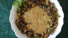 Risotto d'épeautre aux champignons, jus d'un rôti