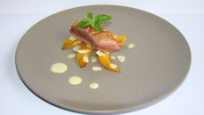 Magret de canard et melon snacké aux amandes, crème de basilic