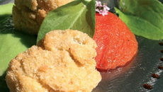 Huîtres d'Arcachon Cap-Ferret panées aux noix du Périgord, crème purée de petits pois à l'estragon et tomates "Raf" cuisinées