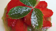 Sablé breton, compotée de rhubarbe et pétales de fraises