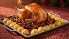 Dinde de Noël aux marrons, sa sauce aux morilles et ses pommes duchesse