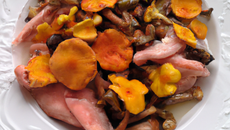 Pintade aux pêches et aux chanterelles