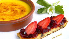 Crème catalane au safran et brioche perdue betterave rouge et fraise