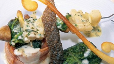 Roulé de saumon mi-cuit fourme d'ambert et épinards brochette maraîchère aux herbes gâteau de merlan aux lentilles en habit vert