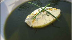 Potage mâche patate douce et sa quenelle de brousse au curry