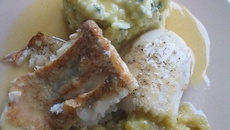 Sandre rôti au vin de rhubarbe de Roisin, compotée de rhubarbe, beurre blanc au blanc et purée à la sauge