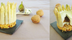 Chartreuse au roquefort & asperges, cœur de figues sur biscuit croustillant