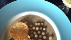 Velouté froid de cépes et son tartare aux perles De Jaeger