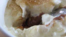 Riz au lait croustifondant, puit de chocolat fondu