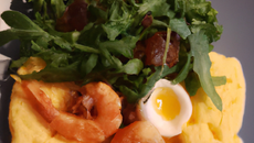 Œufs mollets frits, polenta au saté et langoustines, émulsion de roquette