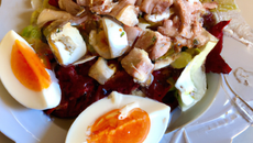 Salade de poulet mariné et œuf mollet