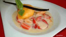 Fraises à la crème de melon-coquelicot et son sorbet