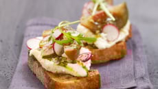 Tartine de Chabichou du Poitou, radis, tomates vertes et coulis de basilic