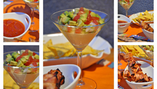 Verrine salsa, brochettes de poulet au bacon et sauce salsa