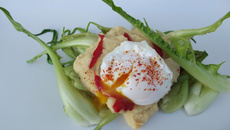 Salade catalogne, œufs poché, houmous