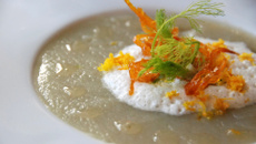 Purée de fenouil, mousse d'oranges, huile d'argan