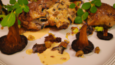Chapon au boudin, morilles et crémant.