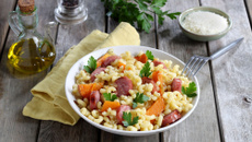 Coquillettes 3 minuti au potiron, saucisses et parmesan