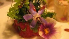 Rouleau de printemps au foie gras et asperges du pays, eau de tomate à boire, salade d'herbes du jardin et tomate confite