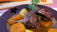 Pintade fermière d'auvergne rôtie aux coques, jus de passion, carottes fondantes